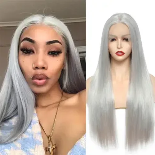 Parrucca sintetica grigia nonna con capelli lunghi lisci per feste cosplay quotidiane di donne bianche che utilizzano parrucche di seta naturale ad alta temperatura