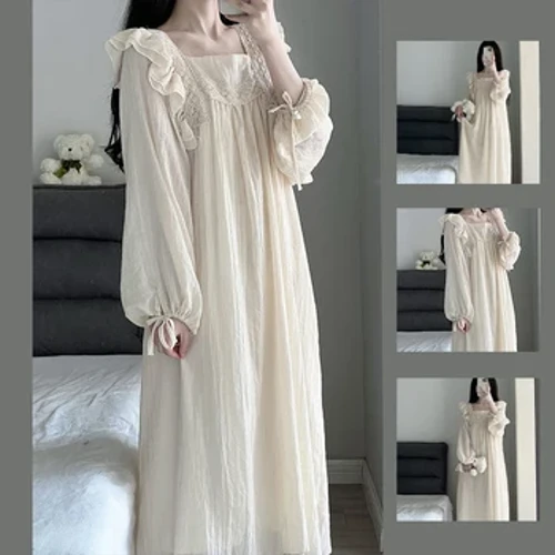 Váy Ngủ Ren Đồ Ngủ Nữ Hàn Quốc Xù Váy Ngủ Mùa Xuân Một Bộ Đồ Ngủ Tay Dài Cổ Vuông Phối Mặc Nhà 2024 Mới