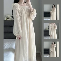 Váy Ngủ Ren Đồ Ngủ Nữ Hàn Quốc Xù Váy Ngủ Mùa Xuân Một Bộ Đồ Ngủ Tay Dài Cổ Vuông Phối Mặc Nhà 2024 Mới