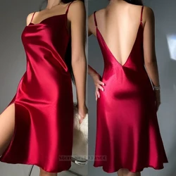 Sommar Nytt Chemise Nattlinne Sexig Backless Spaghetti Strap Nattklänning Sovkläder Dam Lös Satin Hemkläder Intim underkläder