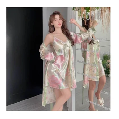 Nā Wahine Spring a me Autumn Pajamas Set Nā Wahine Sexy Halter Nightgown Printed Simulation Silk Halter Nightgown Robe Set