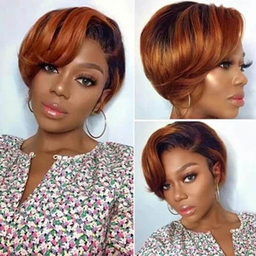 Pixie Cut Short Bob Peruker Människohår Förplockat hårfäste peruk Ali Expres Rak spetsperuk Honung Blont hårtillbehör för kvinnor