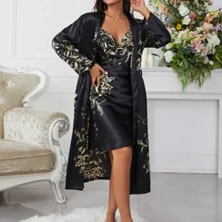 2 Pcs Fafine Sexy Nightofu Satin Ice Cherry Printed Halter Pyamas Nightgown Oofuofu V-Neck Fa'ata'ita'i ofu moe moe Seti.