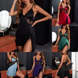 Pambabaeng Damit Sexy See-Through Halter Nightgown Lace Splicing Deep V Seduction Texture ng Bathrobe Kumportableng Magsuot sa Bahay
