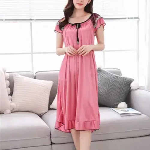 Robe de nuit en Satin pour femmes, col rond, manches courtes, à lacets, ourlet à volants, chemise de nuit pour filles, été