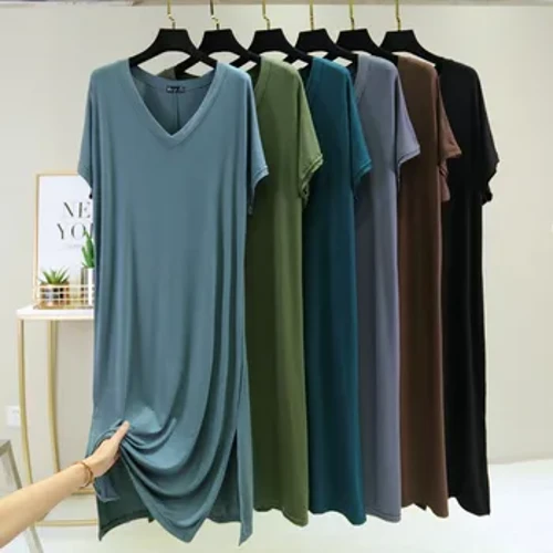 Fdfklak Kore Modal Pijama Kadın Gece Gömlek Rahat uzun elbise Seksi V Yaka Gecelikler Kadın Salonu Gecelik Giymek