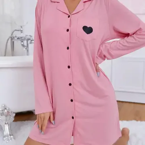 Notched Kraang Damen Nightgown Boy Friend Nightwear Shirt Solid Laang Ärmelen Schlofkleeder Front Button Homewear Kostüm Stoff