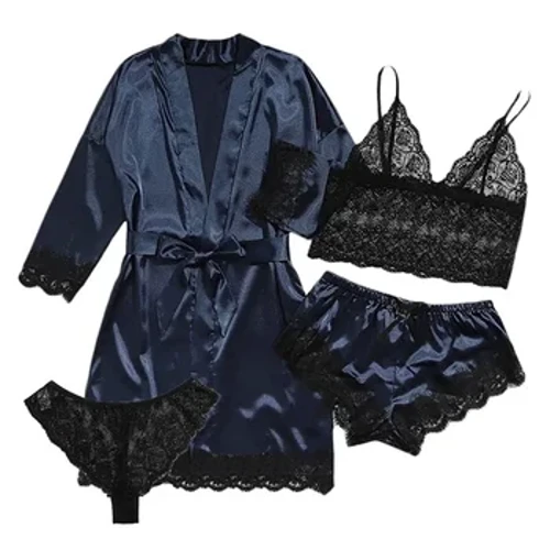 Ama-Pajamas Abesifazane Aba-Sexy Amnyama I-Satin yezingcezu ezi-4 ze-Lace Silk Suspender Tops Izikhindi Ezimfishane Ingubo yokulala Isethi yengubo yangaphansi yengubo yangaphansi yasebusuku Isudi yase