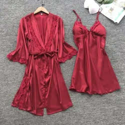2 STK Leepwear Kvinde Pyjamas Sæt Satin Hjemmepyjamamas Blondekåbe Sovedragt V-hals Bryllup Nattøj Nattøj & Rob