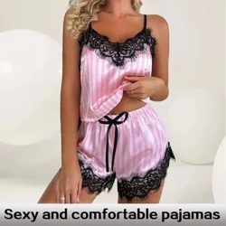 Conjunto de pijama feminino de duas peças com decote em V sexy com suspensório de renda casual conjunto de pijama sexy sem mangas feminino