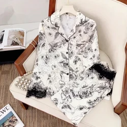 2024 İlkbahar/yaz Simüle Ipek Kadın Pijama Klasik Zarif Çiçekler Baskı Ev ​​Giyim Uzun Kollu Pantolon Iki Parçalı Set Pijama