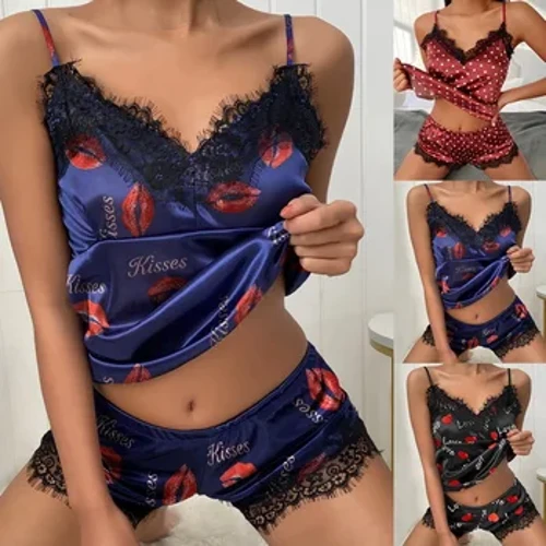Abesifazane Basehlobo Ama-Sexy Pajamas Setha I-Satin Silk Lace I-Cami Vest Izingubo Zasekhaya Izingubo Zokulala Eziphezulu Nezikhindi Ezimfishane Zabesifazane