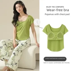 Dammodal pyjamasset för sommar bröstdyna Snygg nischad kortärmad långbyxa Ytterkläder Hemdräkt