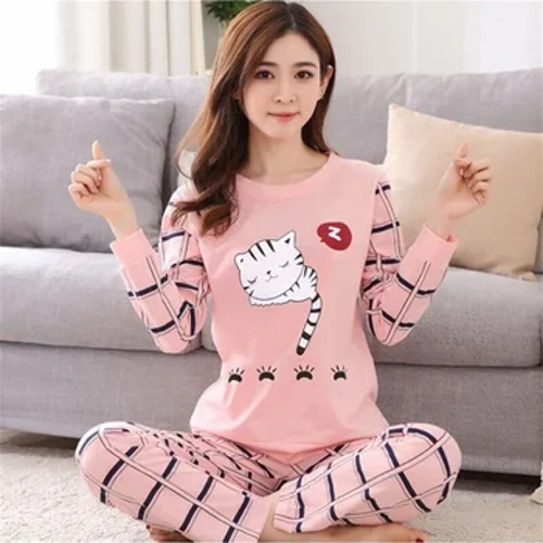 Conjunto de pijamas de primavera y otoño para mujer, ropa de casa con pantalones de manga larga, se puede usar externamente, seda de leche, color rosa, bonito estilo de dibujos animados