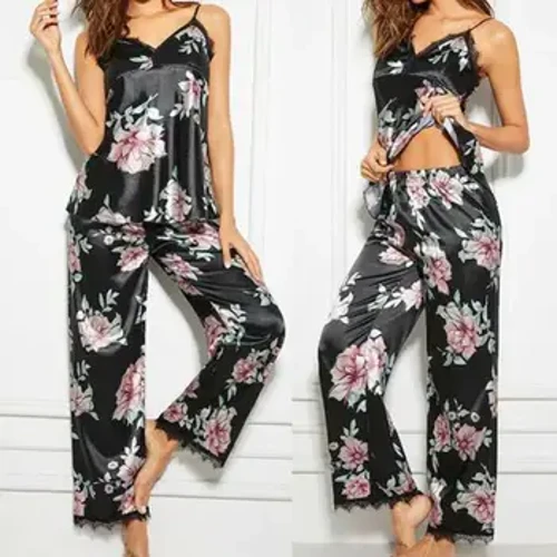 2 Chiếc Mùa Hè Bộ Pyjama Gợi Cảm Bộ Nữ In Hoa Cổ Chữ V Phối Ren Quần Dài Gợi Cảm Đồ Ngủ Nữ Váy Ngủ Bộ Pyjama Nữ