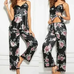 Setiau Pyjama Sexy Haf 2Pcs Merched Argraffu Blodau V-Gwddf Lace Pants Hir Dillad Cysgu Sexy Merched Nos Gynau Merched Setiau Pyjama