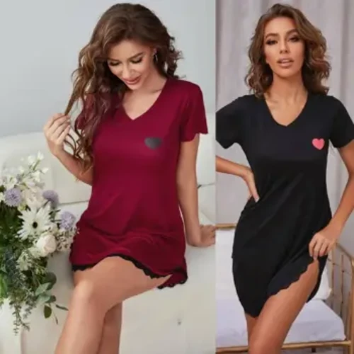 Été Sexy femmes vêtements de nuit dentelle ourlet chemise de nuit col en v à manches courtes pyjama nuisettes chemise de nuit côté jupe fendue