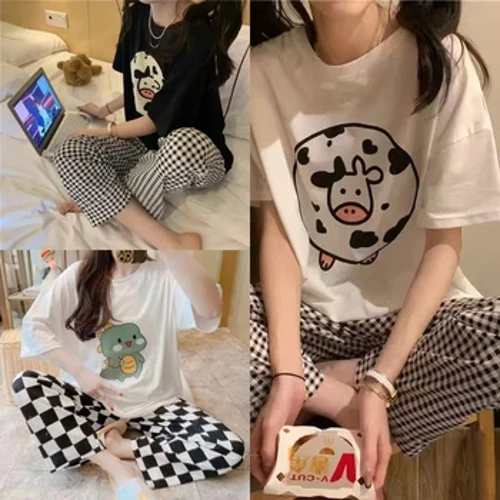 Set de pijamale de vară pentru femei, din două piese, de pantaloni lungi cu mâneci scurte, largi, mari, versiunea coreeană a îmbrăcămintei de casă drăguțe din desene animate