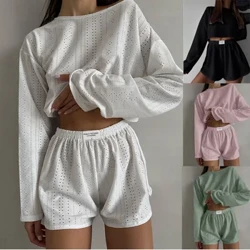 Kadın pijama takımı bahar uzun kollu elbise üstleri şort pijama 2 parça Set gevşek yuvarlak boyun ev giyim Loungewear pijama kadın yeni