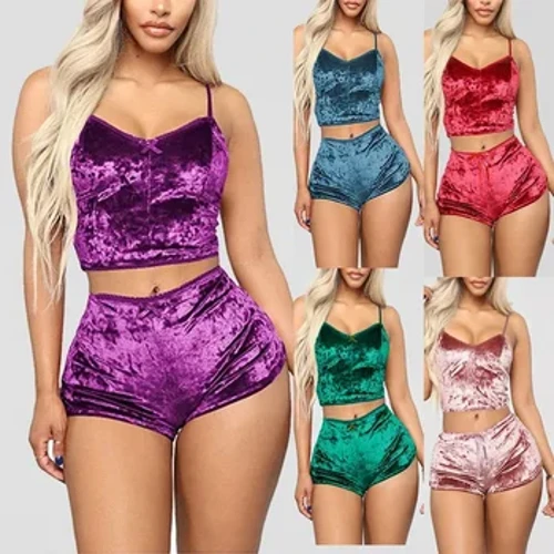 Fa'ata'ita'i Velvet Polyester Fa'alelei V-ua O'ofu I totonu Setcamisole+Pu'upu'u Seti Pyama La'ei Fale Pu'upu'u pito i luga e leai se lima