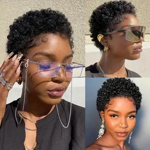 Qisqa jingalak jingalak peruklar Pixie Cut braziliyalik inson sochlari Ayollar uchun qora yelimsiz afro jingalak to'liq mashinada ishlangan peruklar.