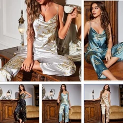 Kichkina olcha bosilgan pijama to'plami Bahorgi yoz jartiyer uzun shimlar Ikki qismli yozgi yupqa qismli muz ipak uy kiyimi Ayollar