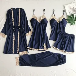 Conjunto de pijamas femininos de cetim de seda, 5 peças, renda sexy, roupa de dormir, roupa de dormir, salão de dormir, pijama com almofadas no peito, roupa de casa