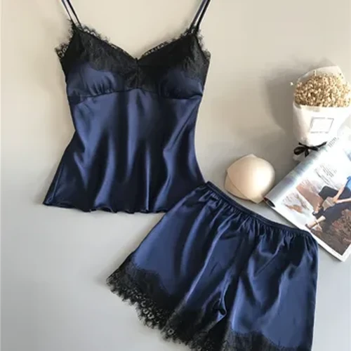 Pakaian Tidur Wanita Lingerie Seksi Set Piyama Satin Renda Baju Tidur Atasan Tanpa Lengan + Celana Pendek 2 Pcs Set Piyama Set