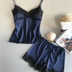 Kvinders nattøj Sexet lingeri Blonde satin Pyjamassæt Nattøj Ærmeløse toppe+shorts 2 stk sæt Pyjamassæt