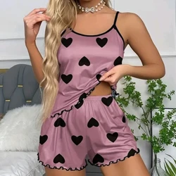 Bộ Đồ Ngủ Nữ Đồ Ngủ Pyjama Set Yếm Quần Short Hồng S M L In Hình Trái Tim Muỗng Cổ Cami Top Băng Lụa Thoải Mái Thường Ngày mùa Hè