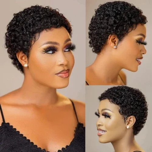 Qisqa jingalak sochli peruklar Pixie Cut braziliyalik inson sochlari Ayollar uchun tabiiy qora yelimsiz jingalak sochli sochlar