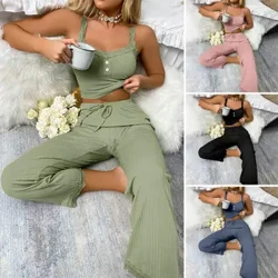 Pysjamassett for kvinner Elegant blondestrimmet sommerpysjamassett med snøring i midjen Lavt snittet tanktopp hjemmeklær for kvinner for komfort