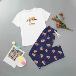 Animal Print Seksikäs pyjamasetti lyhythihainen pyöreä kaulatoppi & joustava vyötäröhousut Naisten yö- ja oleskeluasut