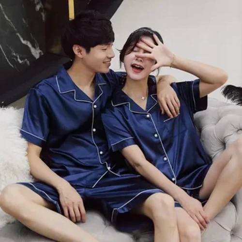 Lliw solet Dillad cysgu Satin sidan Pyjamas Set Cyplau Pyjamas llewys Byr Siwt Pijama Merched Dynion Dillad lolfa a Set Pj Maint
