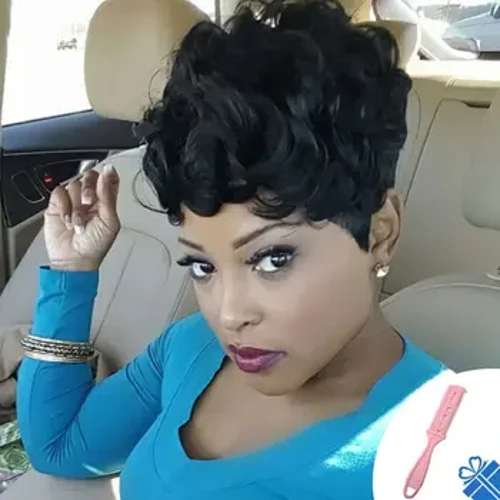 Wig Pixie Pendek kanggo Wanita Kulit Ireng Pendek Wig Keriting Pixie Ireng Wig Rambut Sintetis kanggo Wanita Kulit Ireng Alami Bergelombang Pixie Cut
