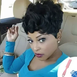 Perruques courtes de lutin pour les femmes noires perruques courtes noires bouclées de lutin perruques de cheveux synthétiques pour les femmes noires coupe de lutin noire ondulée naturelle