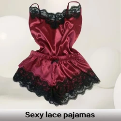 Kadın Moda Saten Seksi İtalyan Erişte Askı Kolsuz Dantel Kenar Kısa Kollu Şort kadın Pijama Takımı