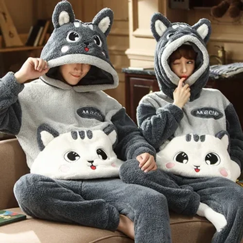 Setiau Pyjama Cyplau Gaeaf Merched Dynion Pyjamas Hoodies Dillad cysgu Tewychus Carwn Meddal Cynnes Cath Cariadon Cariad Siwt Pijamas