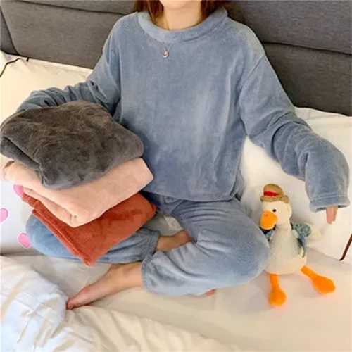 Hydref Gaeaf Merched Cnu Cwrel Setiau Pyjama Cynnes Trwchus Rhydd Achlysurol Lliw Solet Gwlanen Dillad Cartref Llewys Hir Siwt Dillad Cysgu