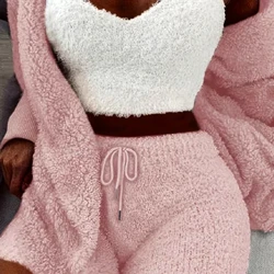 Set Pyjama Niwlog Cynnes, Gwisg Llewys Hir â Chwfl & Tanc Top a Shorts Llinynnol Llinynnol, Dillad Cwsg i Ferched a Dillad Lolfa