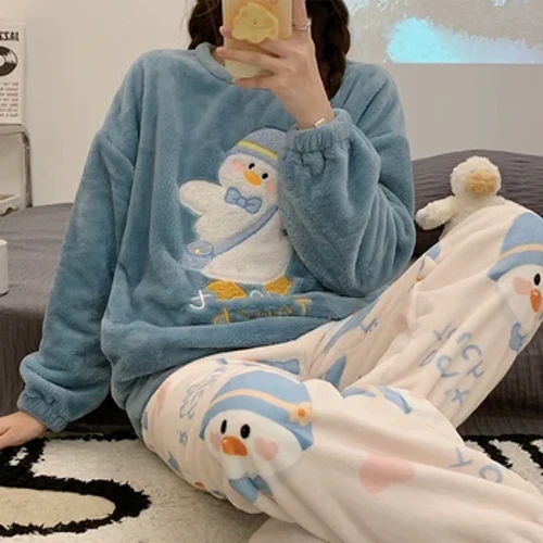 Efterår Vinter Varm Flannel Dame Pyjamas Sæt Langærmede Bukser Todelt Sæt Sødt blødt hjemmetøj til kvinder