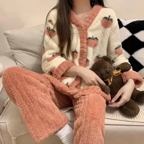 Kadınlar için Kış Yeni Uzun Kollu Kalınlaşmış Sıcak Pijama