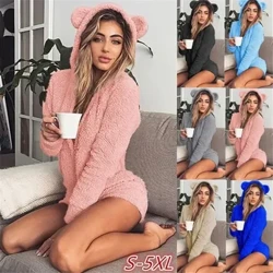 Herbst-Winter-Pyjamas für Damen, süße Bären-Kapuzenpullover-Shorts, Onesie, langärmlige Flanell-Nachtwäsche, warme Samt-Kapuzenpullover-Shorts