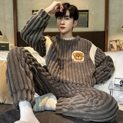 Kalınlaşmış Polar astarlı Kış Pijama Erkekler Için Set Uzun Kollu Ev Tekstili Takım Elbise Sıcak Rahat Pijama