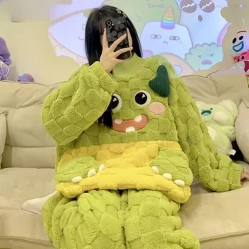 Nữ Thu Đông Đồ Ngủ Làm Dày Ấm Trang San Hô Pyjama Bộ Hoạt Hình Sinh Viên Thời Trang Homewear Cổ Tròn Váy Ngủ