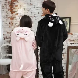 Kigurumi domuz Onesie kış sıcak pijama kadın erkek pijama kalınlaşmak çift pijama karikatür gecelik kadınlar için kapüşonlu ev tekstili