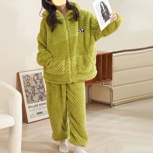 Höst Vinter Dam Pyjamasset Flanell Sovkläder Huvtröjor+byxor 2st Kostymer Tjocka Varma Nattkläder Coral Fleece Hemkläder