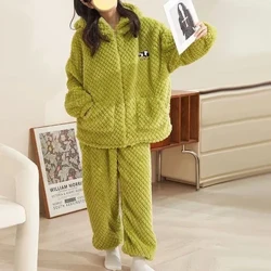 Conjuntos de pijamas de franela para mujer, ropa de dormir con capucha, Tops y pantalones, trajes de 2 uds., ropa de dormir cálida y gruesa, ropa para el hogar de lana Coral, Otoño e Invierno