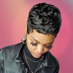 Perruques courtes coupe lutin pour femmes noires Perruques lutin pour femmes noires Coupe lutin courte noire ondulée perruques superposées perruques ondulées noires naturelles