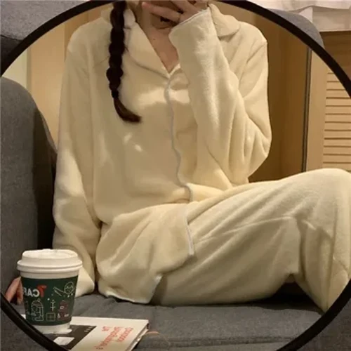 Dametøj Simple sæt til hjemmet, efterårspyjamas, blød fløjl, varm cardigan, pyjamas, Flanell, afslappet nattøj, vintersoveværelse